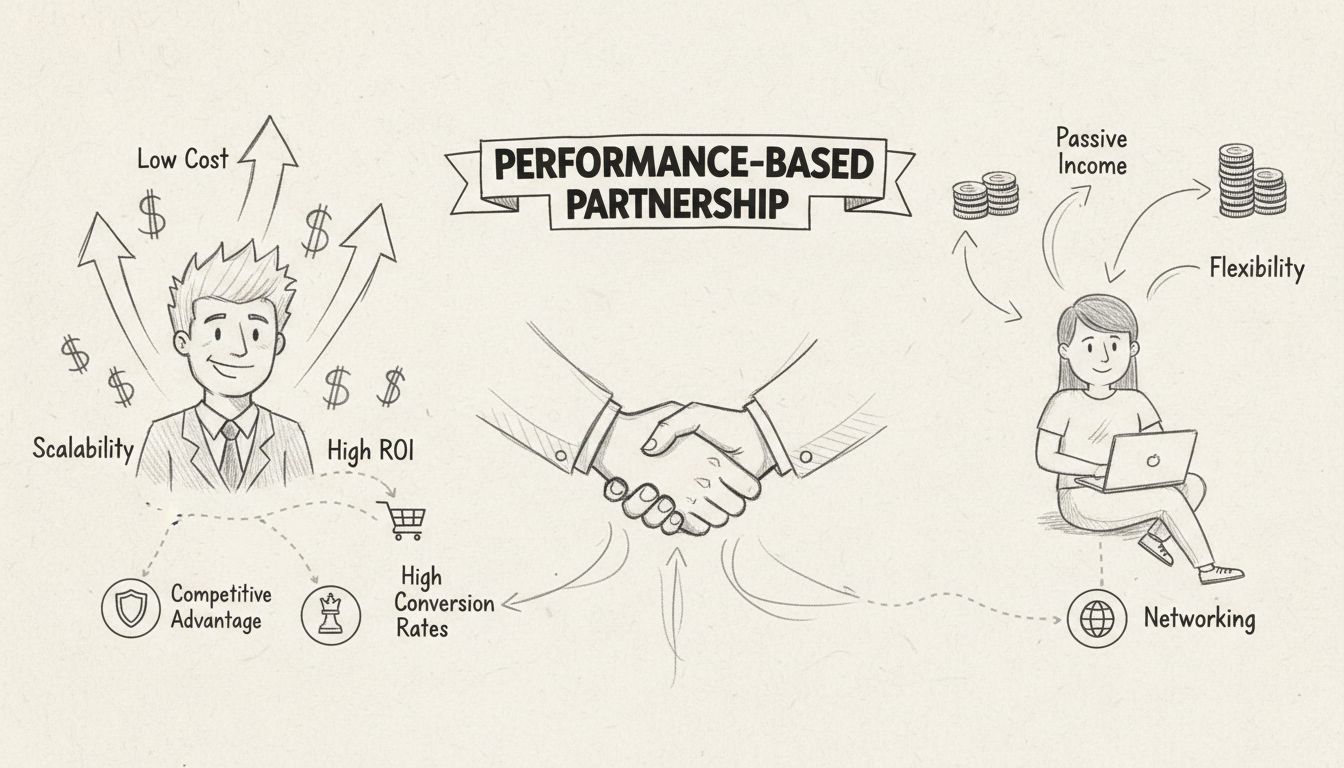 Kézzel rajzolt diagram, amely bemutatja az affiliate programok előnyeit: alacsony költség, magas ROI, skálázhatóság, passzív jövedelem, rugalmasság, kapcsolatépítés és teljesítményalapú partnerség