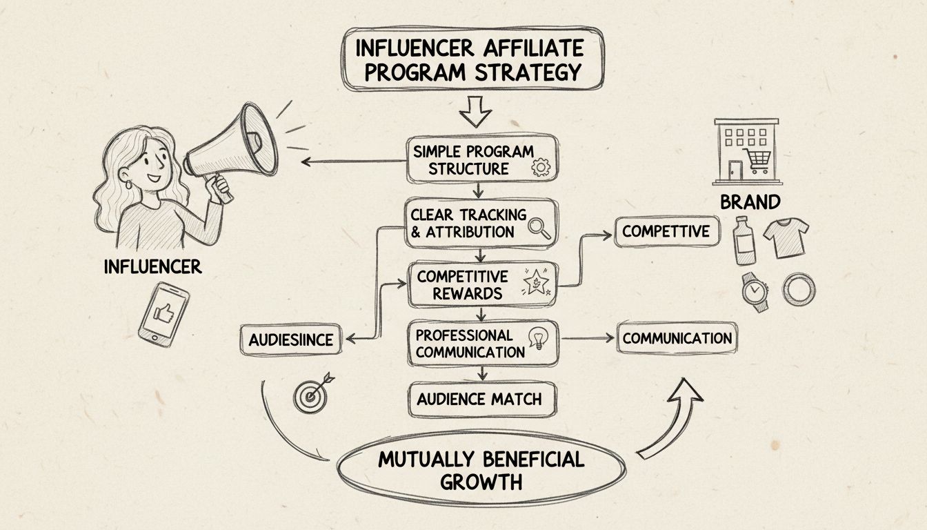 Influencer affiliate program stratégiai diagram: programstruktúra, követés, jutalmak, kommunikáció és közönség-illeszkedés