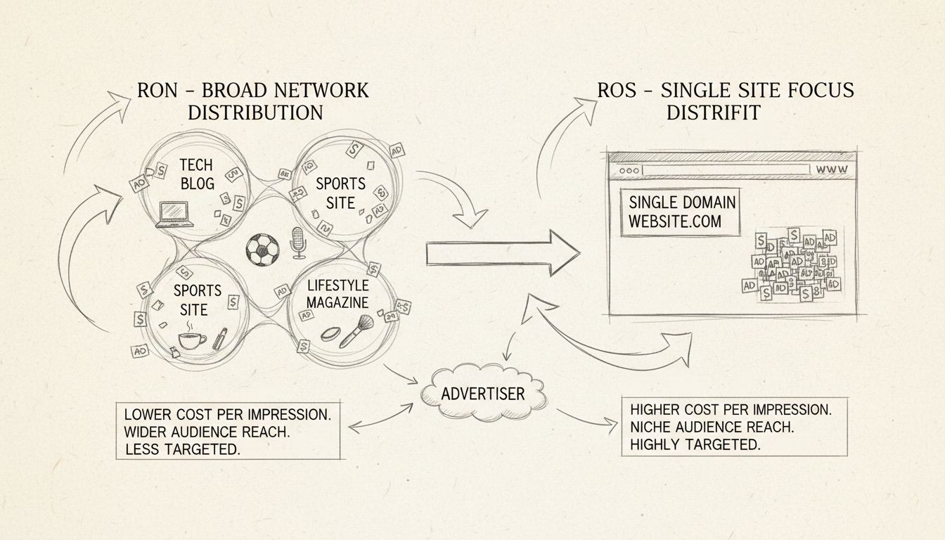 Kézzel rajzolt diagram, amely összehasonlítja a Run of Network (RON) és Run of Site (ROS) hirdetési stratégiákat, ábrázolva a széles hálózati lefedettséget szemben az egyoldalas fókuszsal