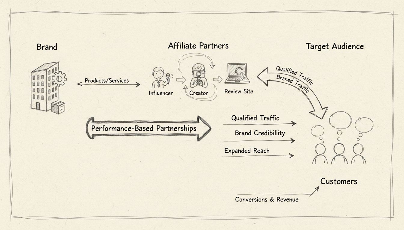 Az affiliate marketing ökoszisztémájának diagramja, amely bemutatja a márka, az affiliate partnerek és a célközönség kapcsolatát, teljesítményalapú partnerségekkel és minőségi forgalom áramlásával