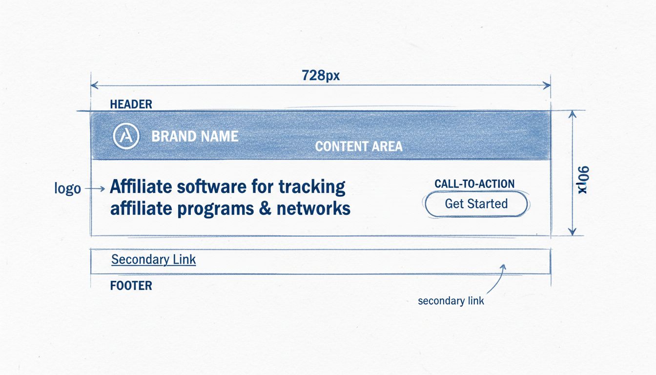 HTML banner felépítési diagram: fejléc, tartalmi terület, cselekvésre ösztönző gomb és lábléc 728x90 pixeles méretben