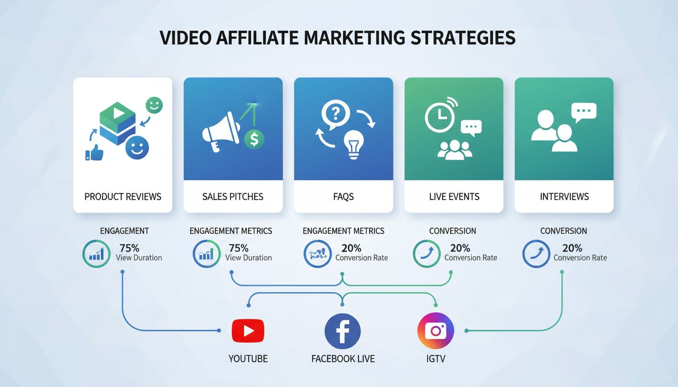 Videós affiliate marketing stratégiák infografika: termékértékelések, értékesítési prezentációk, GYIK-videók, élő események és interjúk platformlogókkal