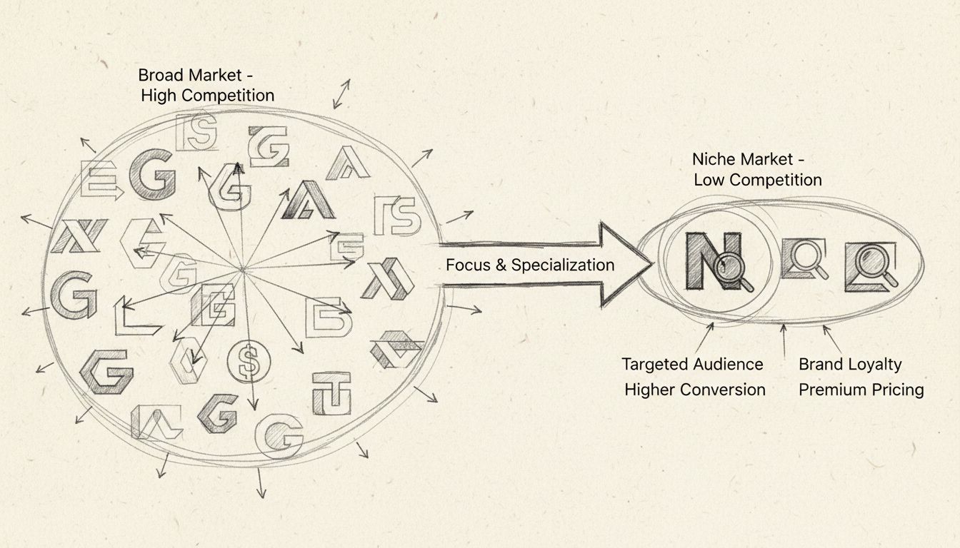 Niche marketing stratégia diagram: széles piac vs fókuszált niche piac, alacsonyabb versenykörnyezet