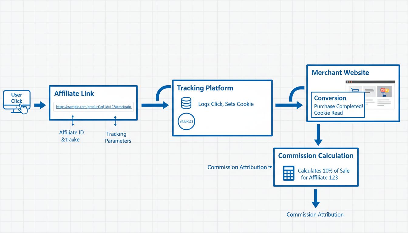 Technikai diagram, amely bemutatja az affiliate követőkódos link folyamatát felhasználói kattintással, követési paraméterekkel és konverzió hozzárendeléssel