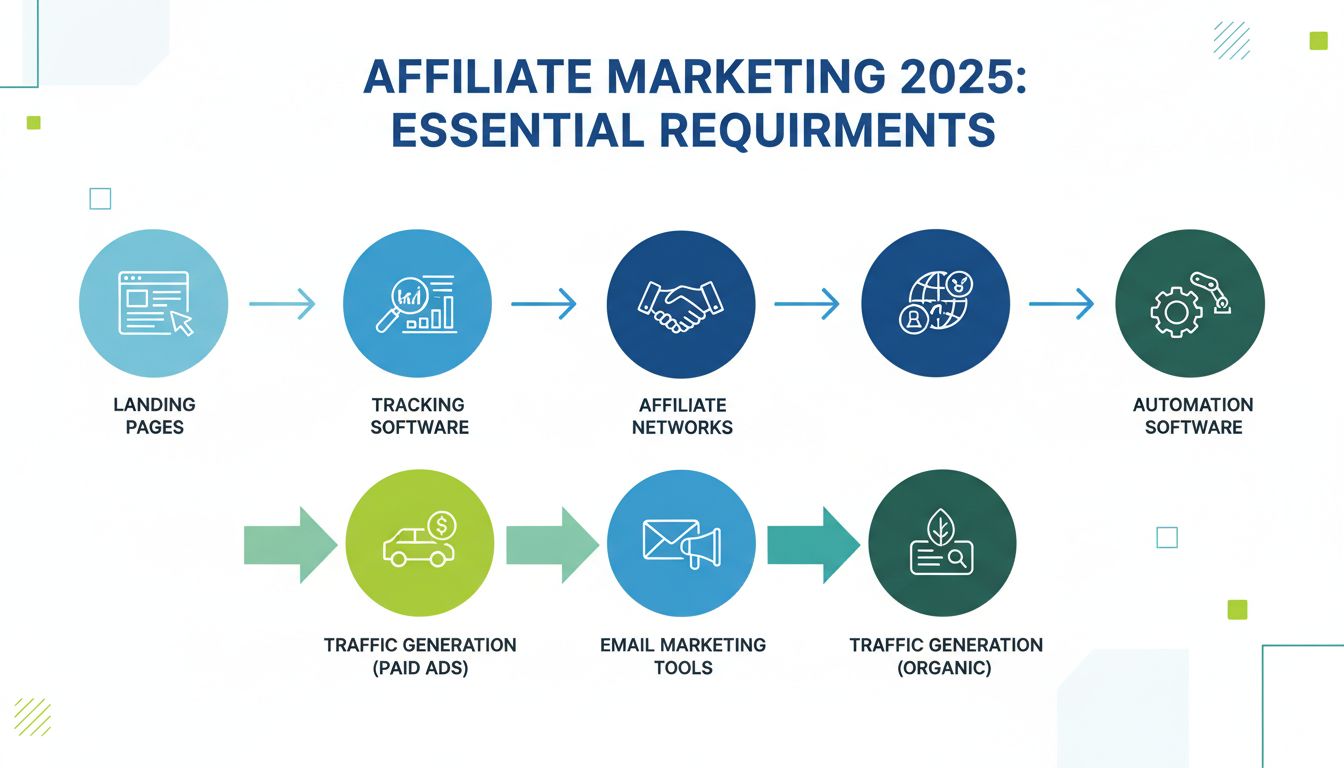 Az affiliate marketing elindításához szükséges alapvető feltételek, mint a landing oldalak, követő szoftver, affiliate hálózatok, forgalomgenerálás, e-mail marketing és automatizációs eszközök
