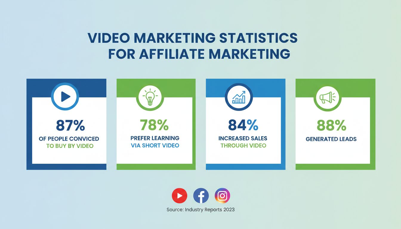 Videó marketing statisztikák infografikája: 87% vásárlási meggyőzési arány, 78% videós preferencia, 84% értékesítés növekedés, 88% lead generálás