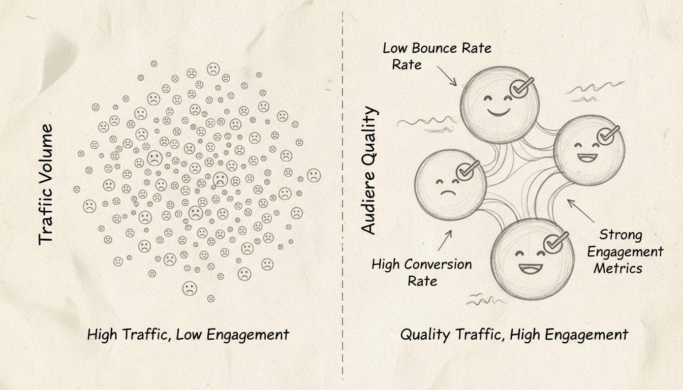 Kézzel rajzolt diagram: magas forgalom alacsony elkötelezettséggel vs. minőségi forgalom magas elkötelezettséggel a partnerhálózati jóváhagyás szempontjából