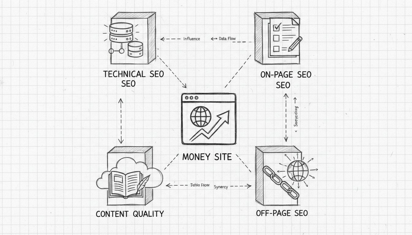 Money site optimalizálás négy pillére: Technikai SEO, On-Page SEO, Tartalomminőség, Off-Page SEO