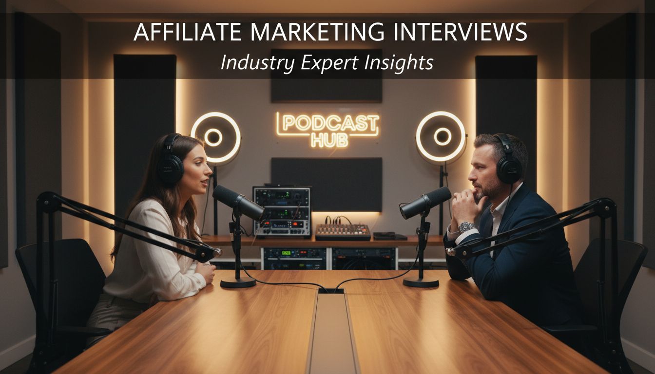 Professzionális podcast-interjú beállítás, ahol affiliate marketing szakértők stratégiákat és betekintéseket osztanak meg
