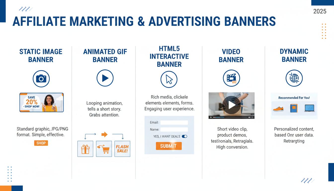 Különböző bannertípusok affiliate marketinghez: statikus, animált GIF, HTML5, videó és dinamikus bannerek
