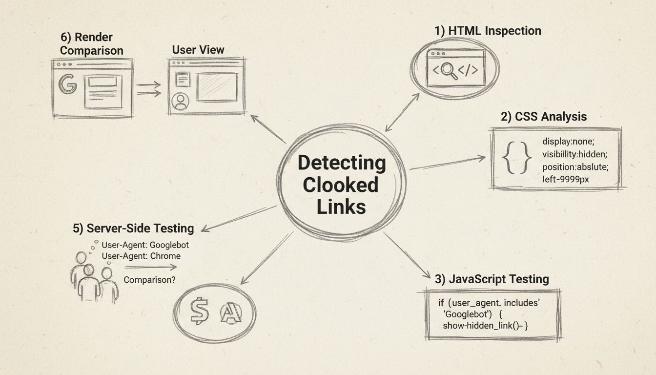 Diagram hat módszert mutat az álcázott linkek felismerésére: HTML ellenőrzés, CSS elemzés, JavaScript tesztelés, SEO eszközök, szerveroldali tesztelés és megjelenítés összehasonlítás