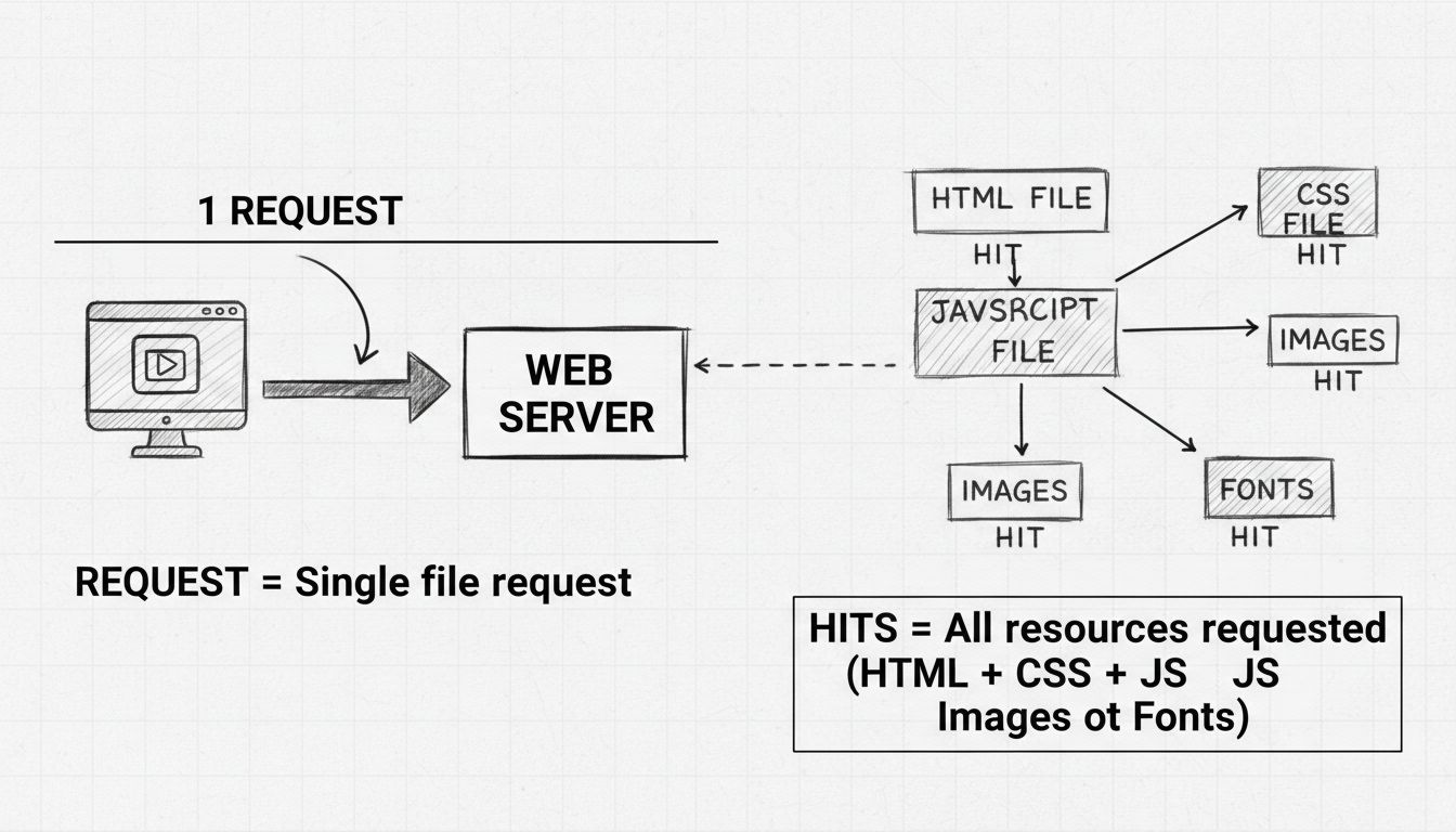 Diagram: a HTTP kérések és találatok közötti különbséget szemléltetve – egyetlen kérés lebomlik több találatra (HTML, CSS, JavaScript, képek, betűtípusok)