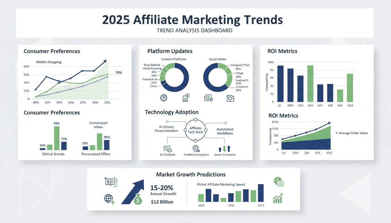 2025 Affiliate Marketing Trends Dashboard showing consumer behavior analysis, platform updates, technology adoption, and ROI metrics
