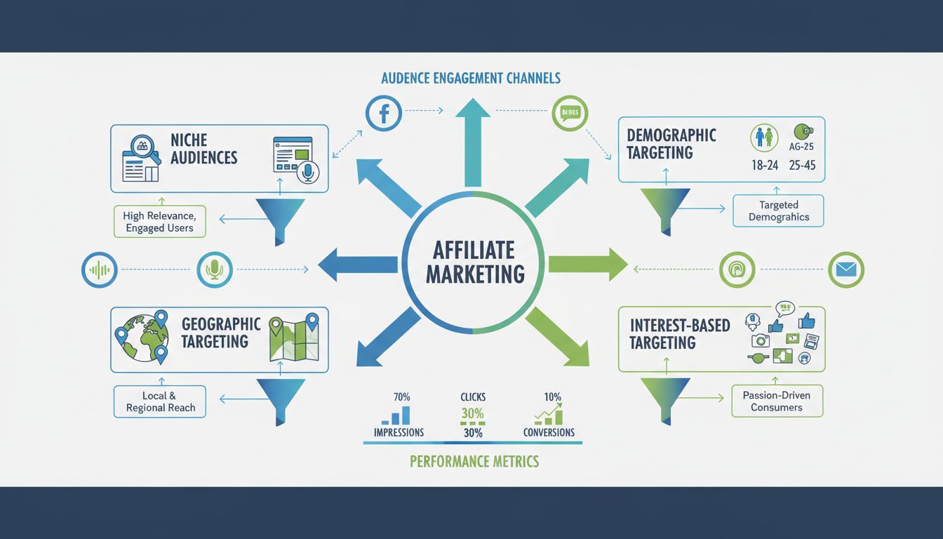 Affiliate marketing közönségcélzási infografika: niche közönségek, demográfiai célzás, földrajzi célzás és érdeklődés-alapú célzási módszerek