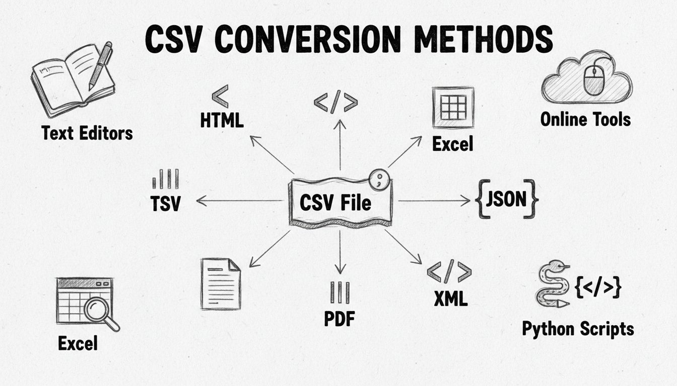 CSV konvertálási módszerek diagramja, amely a különböző kimeneti formátumokat és átalakító eszközöket mutatja