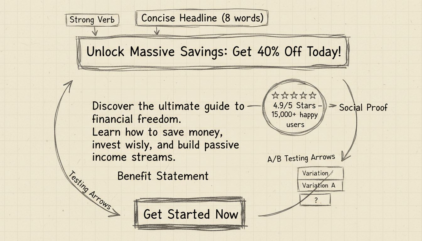 Kézzel rajzolt diagram, amely bemutatja a magas konverziójú affiliate szöveg felépítését: tömör címek, erős igék, számok, haszonállítások, társadalmi bizonyítékok és egyértelmű CTA-k megjelölésével