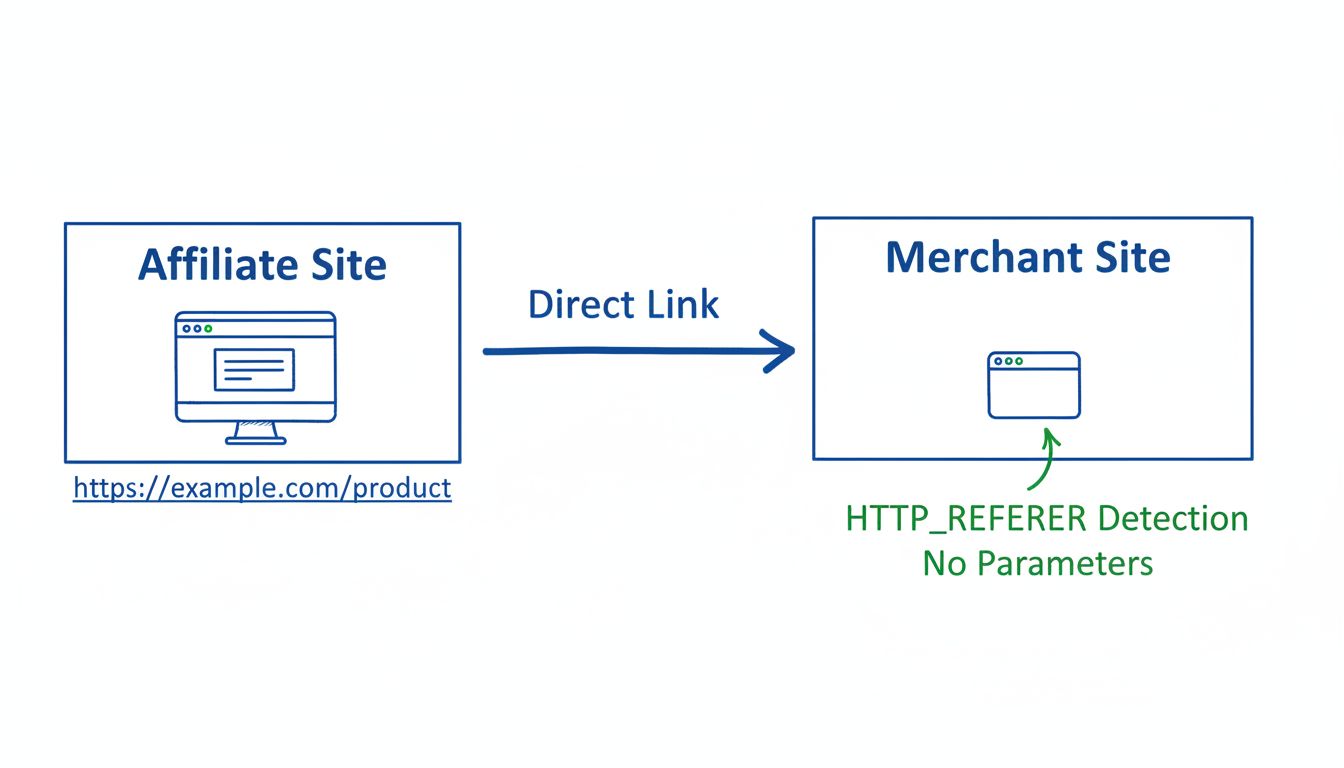 DirectLink követési munkafolyamat diagramja, amely bemutatja, ahogy a partneroldal a kereskedő oldalára linkel, HTTP_REFERER felismeréssel