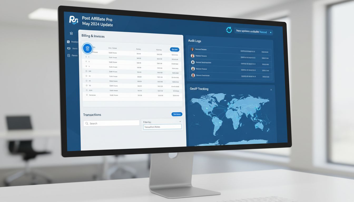Post Affiliate Pro vezérlőpult újratöltési értesítéssel, naplózással, GeoIP követéssel és tranzakció szűrési funkciókkal