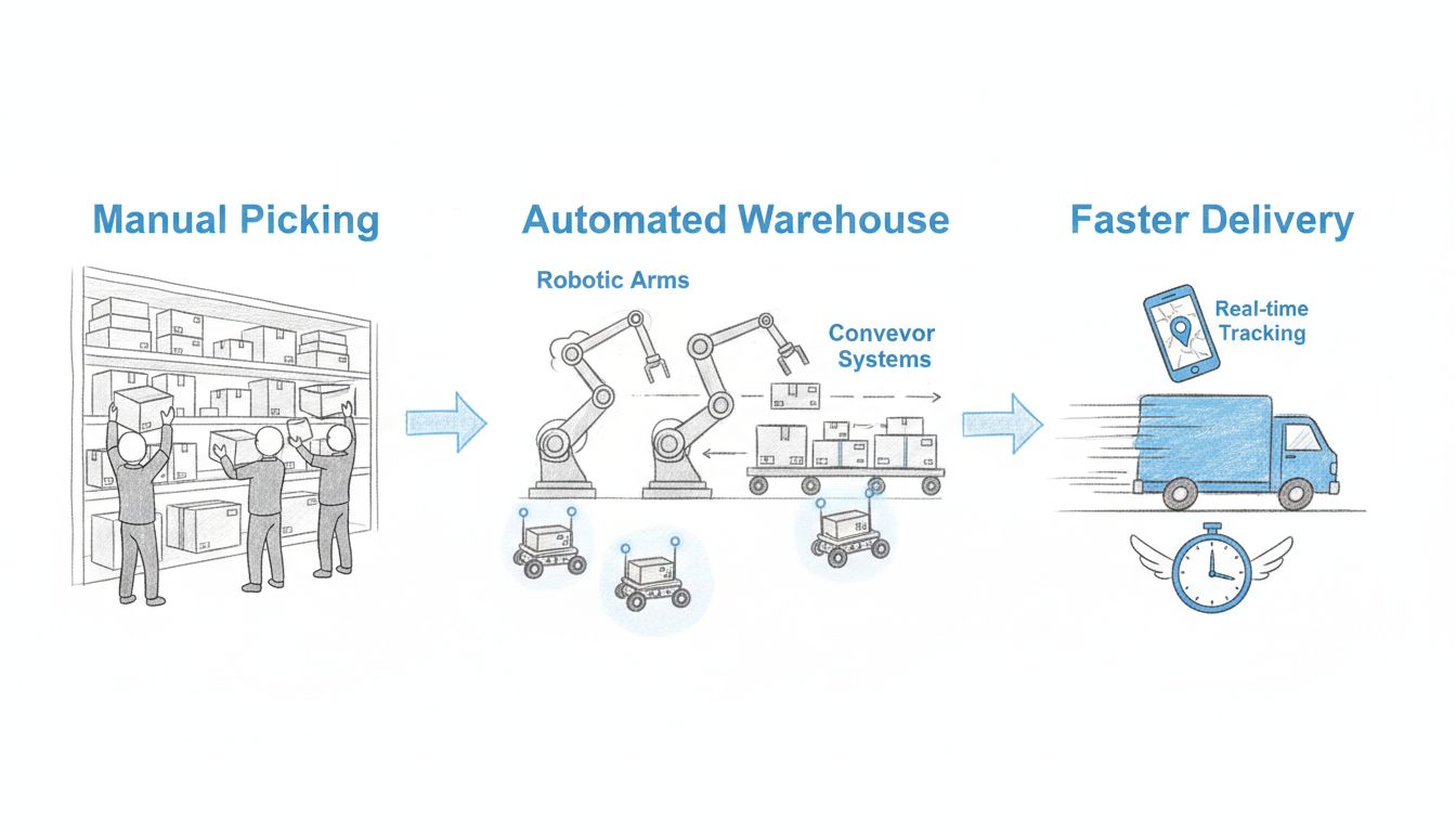 E-kereskedelmi logisztika automatizációs munkafolyamat-diagram: manuális kiválasztás, automatizált raktárrendszerek robotokkal és szállítószalagokkal, gyorsabb szállítás eredményekkel