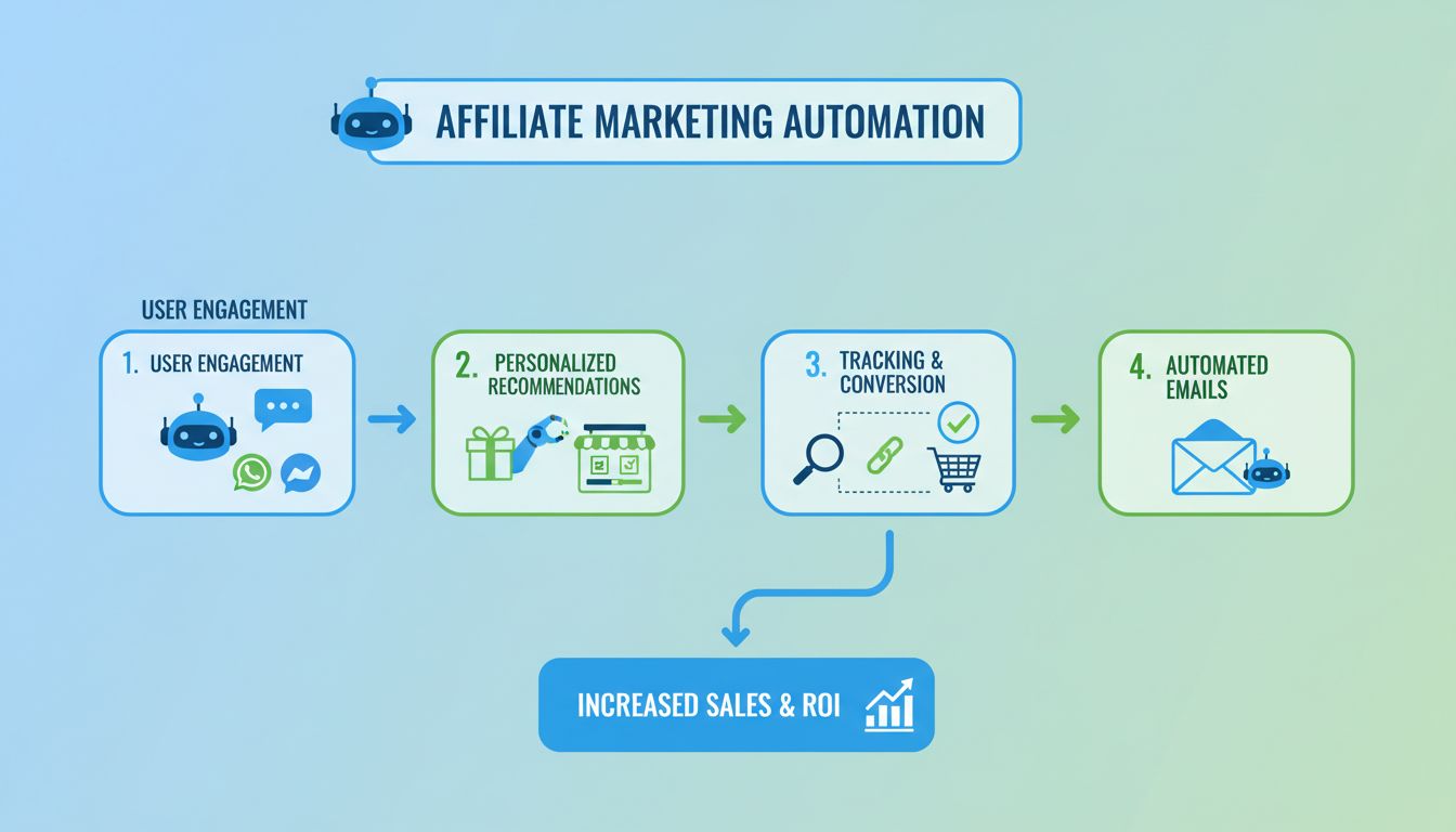 Infografika: bot automatizációs munkafolyamat az affiliate marketingben, felhasználói elköteleződéssel, termékajánlással, konverziókövetéssel és email automatizálási lépésekkel