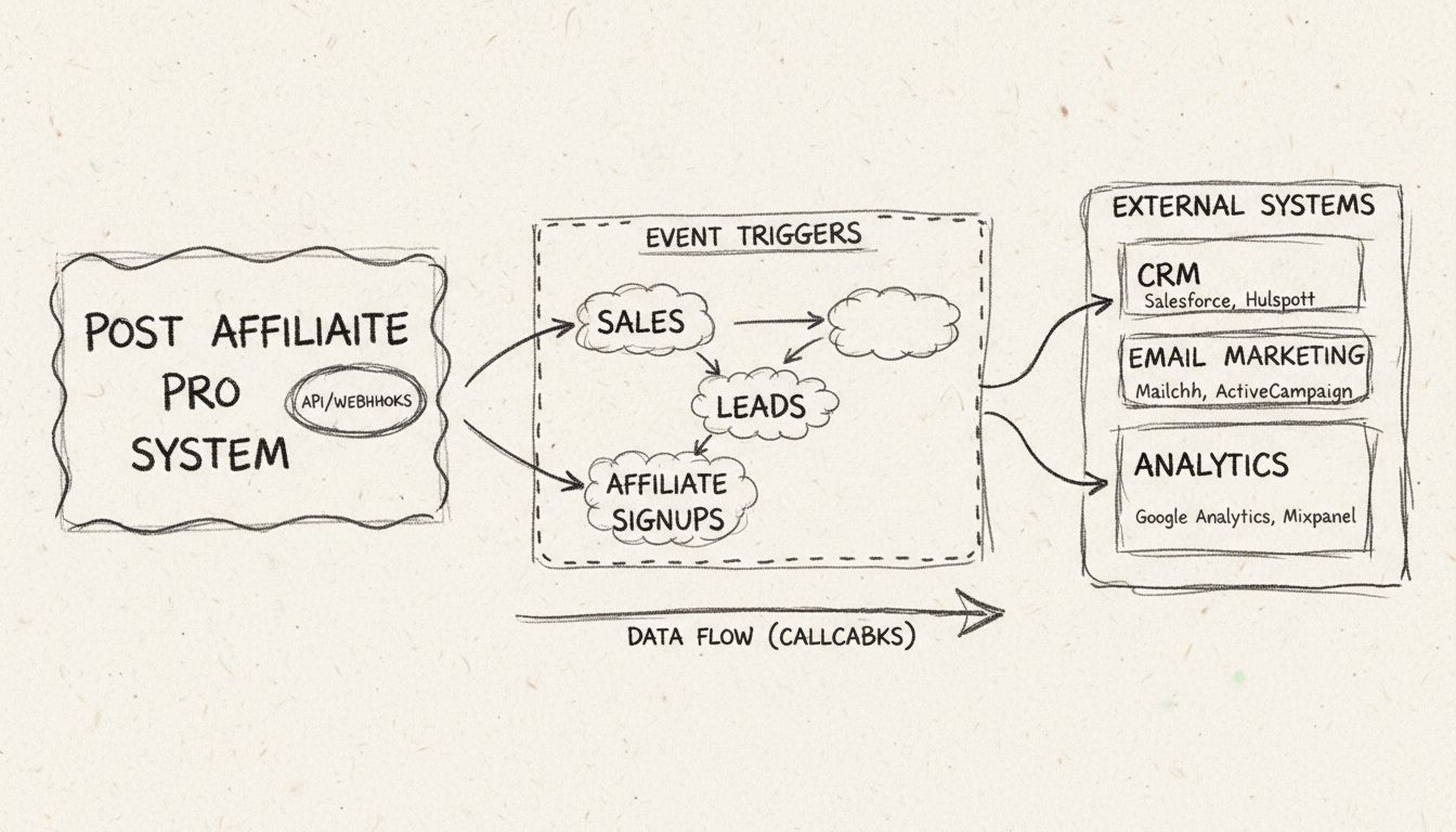 Az alkalmazás visszahívások munkafolyamatának diagramja, amely a Post Affiliate Pro eseményeit mutatja a külső rendszerek felé