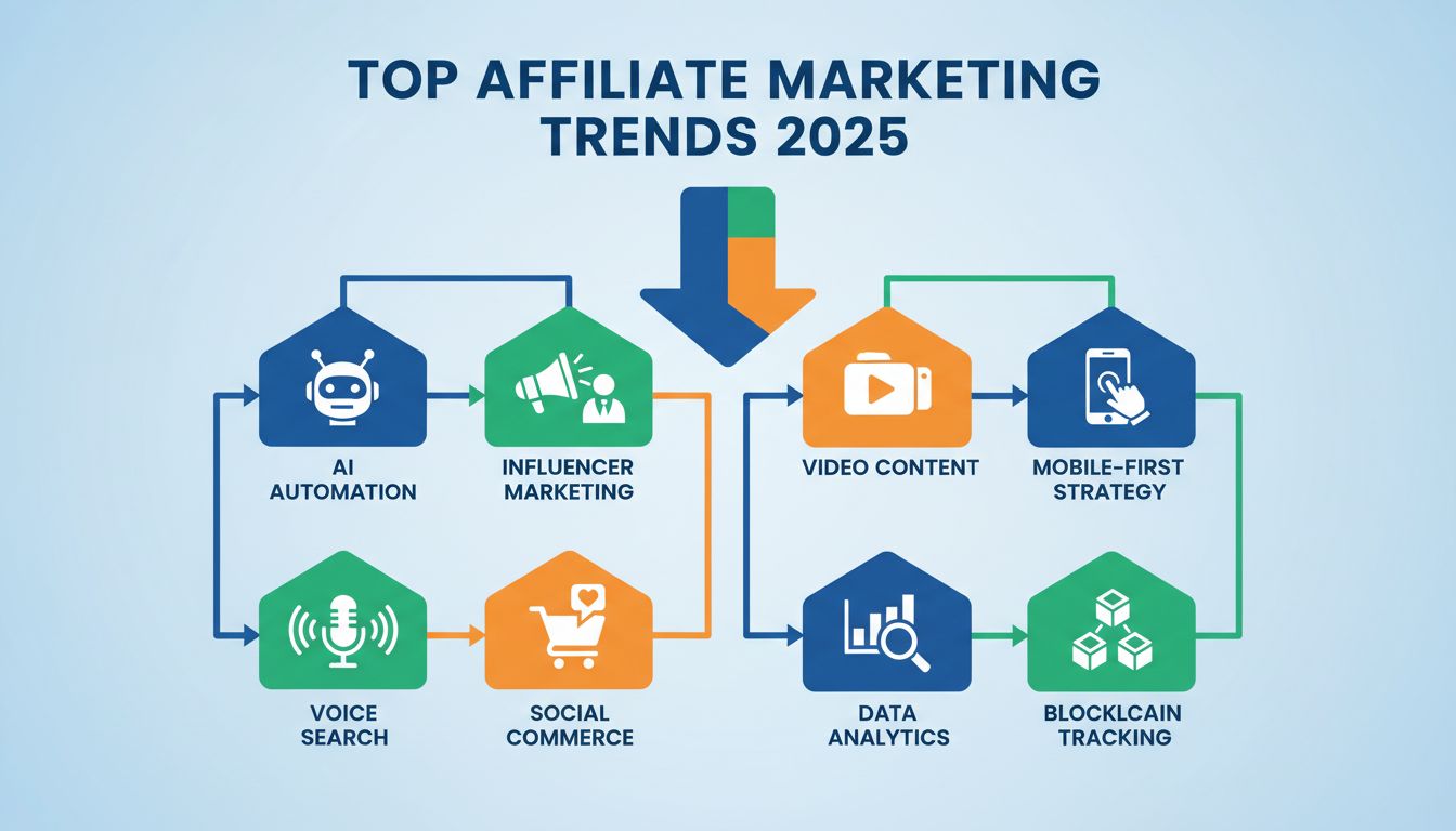 A 2025-ös legfontosabb affiliate marketing trendeket bemutató infografika: MI automatizáció, influencer marketing, videós tartalom, mobilra optimalizált stratégia, hangalapú keresés, social commerce, adatelemzés és blockchain