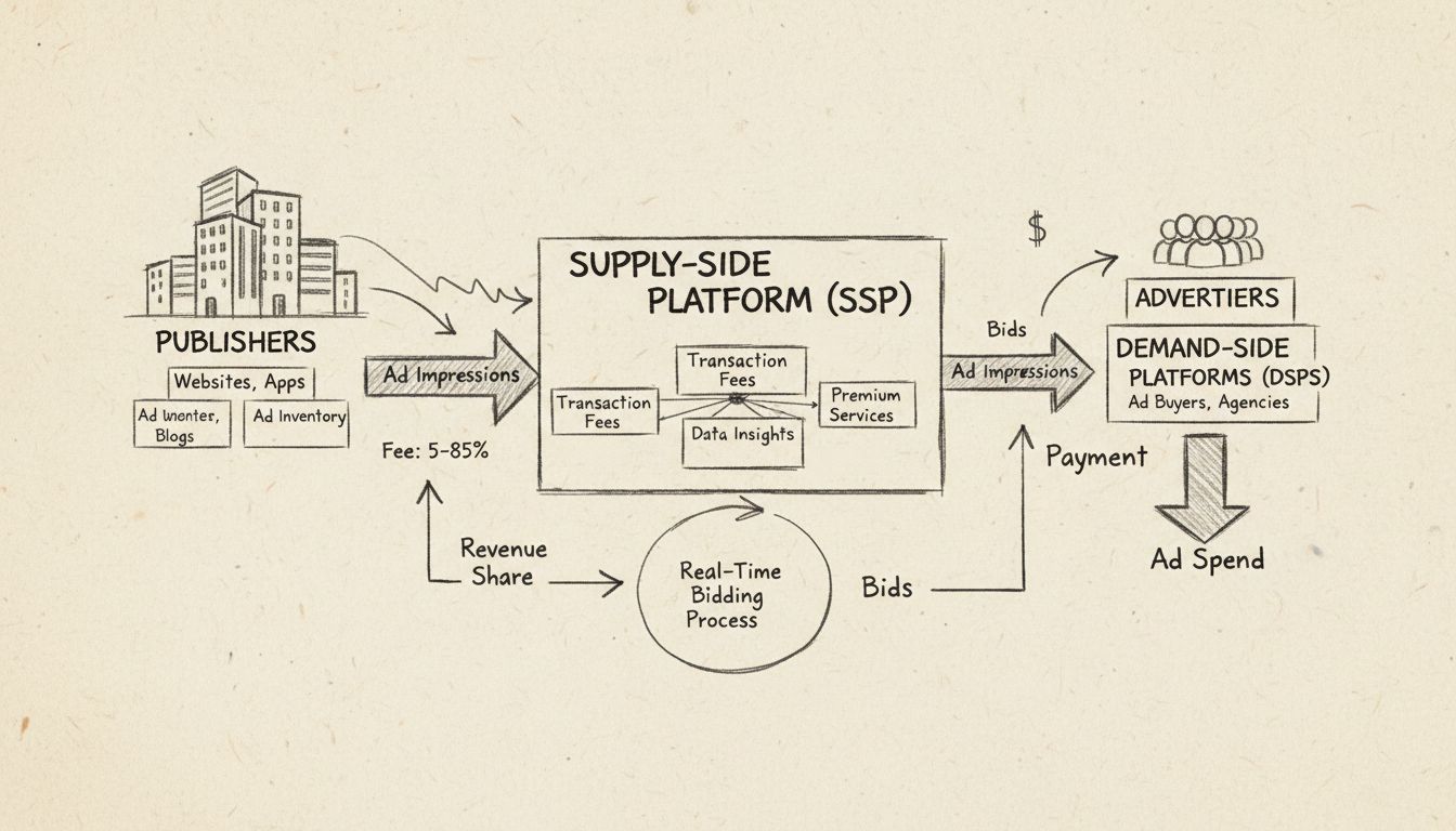 Kézzel rajzolt diagram az SSP bevételi áramlásáról kiadók, SSP platform és hirdetők között, százalékos díjakkal