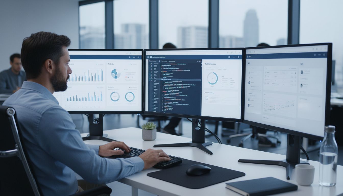 Professzionális webmester dolgozik íróasztalnál, több monitoron weboldal-analitika, kódszerkesztő és SEO irányítópult látható