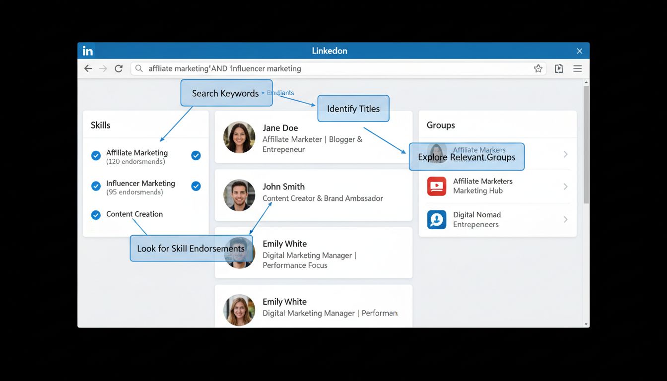 A LinkedIn felülete, amely bemutatja, hogyan kereshet és azonosíthat affiliate marketingeseket kulcsszavas kereséssel, profil-elemzéssel és csoportos részvétellel