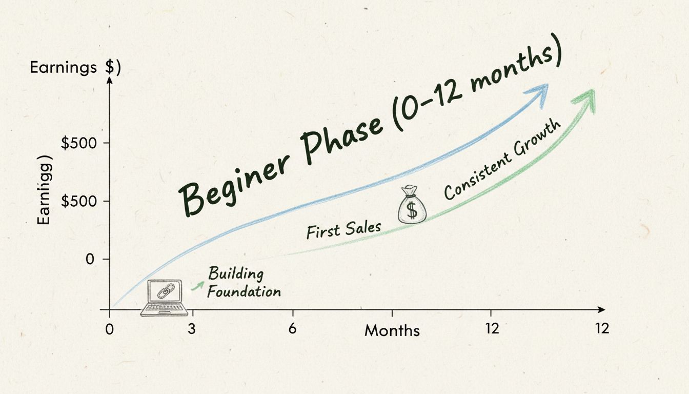 Kezdő affiliate marketinges bevételnövekedési grafikon, amely a 12 hónap alatt 0-ról 1000 dollárra növekedést mutat