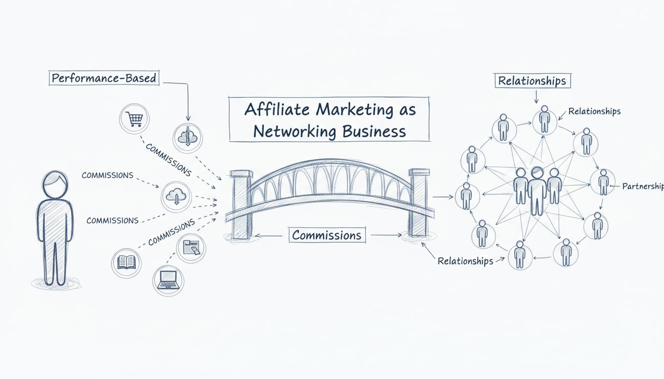 Kézzel rajzolt diagram az affiliate marketing kapcsolati hálójáról és összefonódásairól
