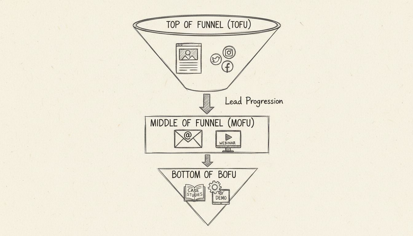 Lead generáló tölcsér diagram, amely bemutatja a TOFU, MOFU és BOFU szakaszokat tartalomtípusokkal és haladási nyilakkal