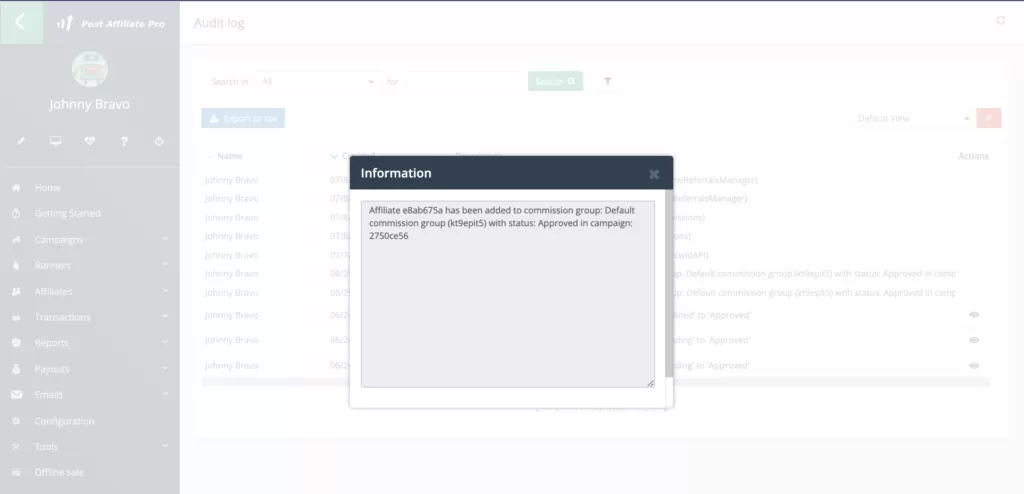 Audit napló információk a Post Affiliate Pro-ban