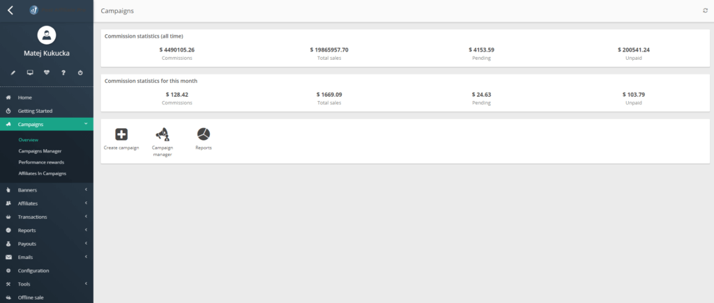 Post Affiliate Pro kampányok áttekintése képernyőkép