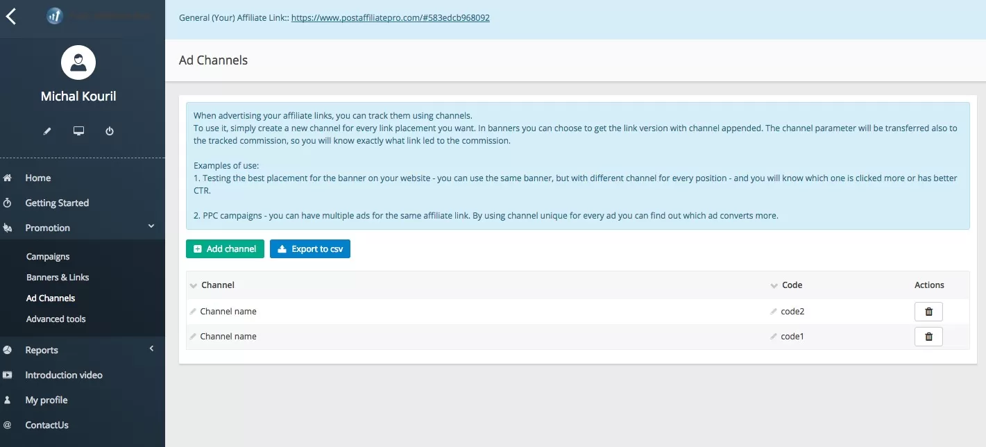 Post Affiliate Pro műszerfal a követési csatornák hozzáadásához