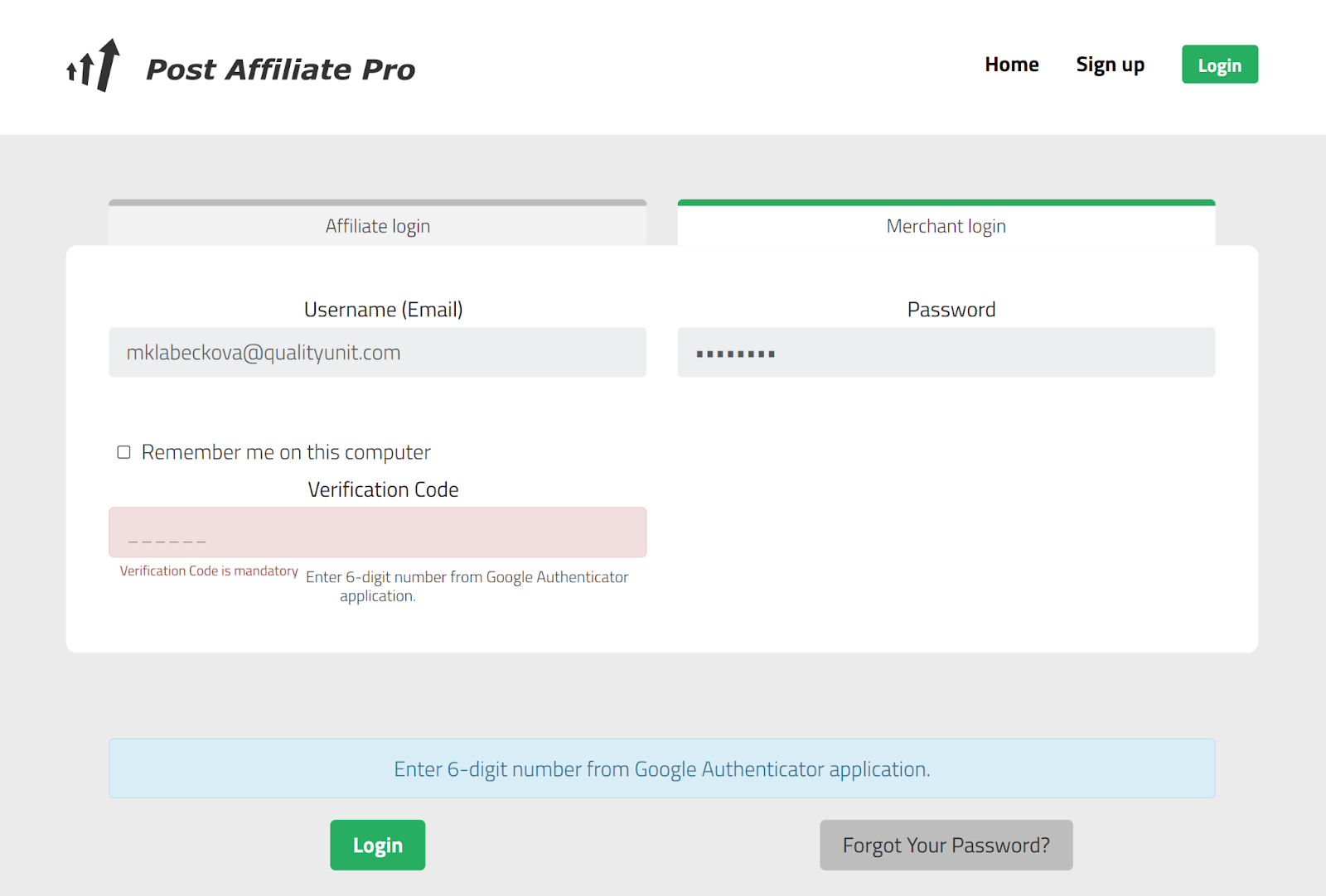 Post Affiliate Pro kereskedői bejelentkezési oldal engedélyezett kétfaktoros hitelesítéssel