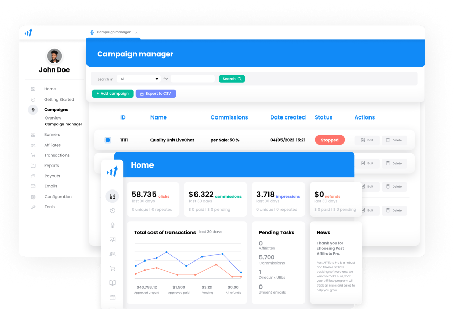Post Affiliate Pro Dashboard - Campaign Manager Interface
