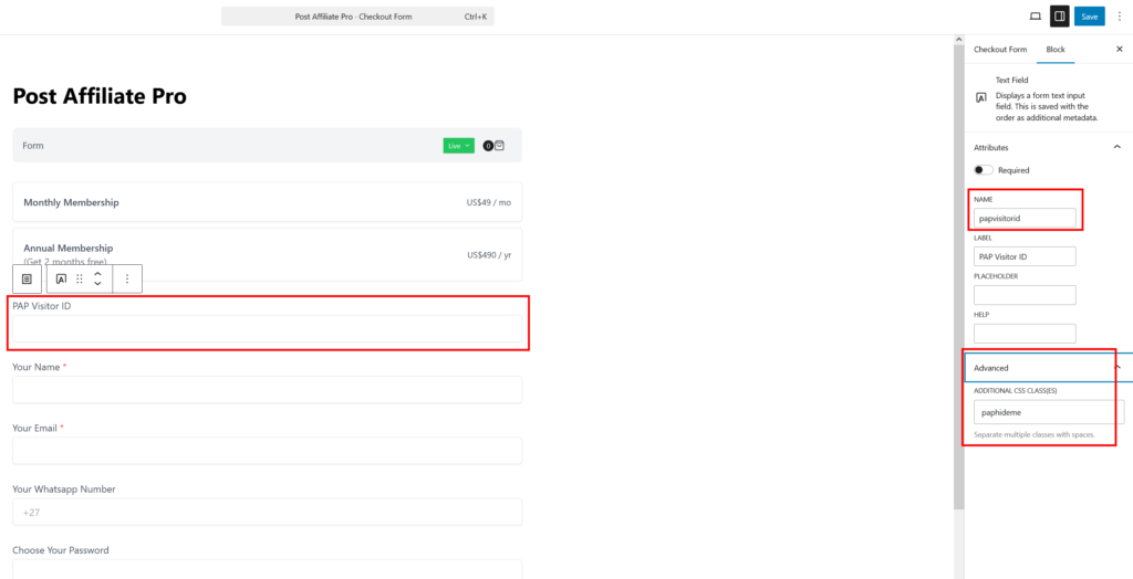papvisitorid mező hozzáadása a SureCart fizetési űrlaphoz