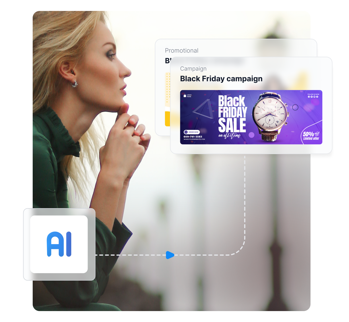 AI irányítópult egy okostelefonon, amely partner bannereket és teljesítménydiagramokat mutat (CTR, konverziók)