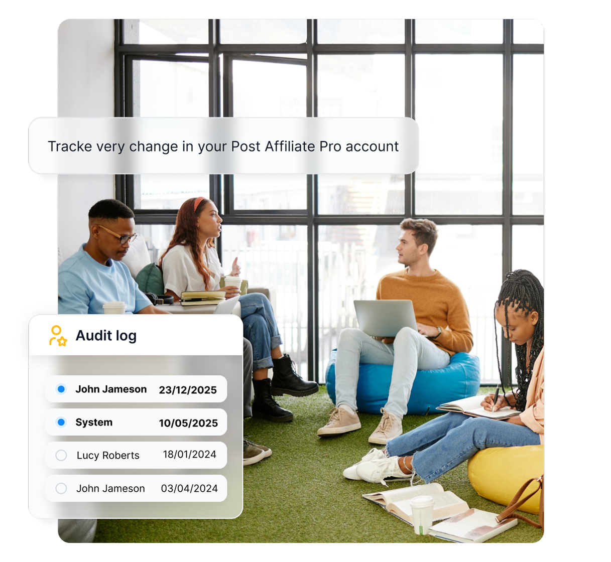 A Post Affiliate Pro audit napló funkciója, amely részletesen követi a partneri tevékenységeket és tranzakciókat.