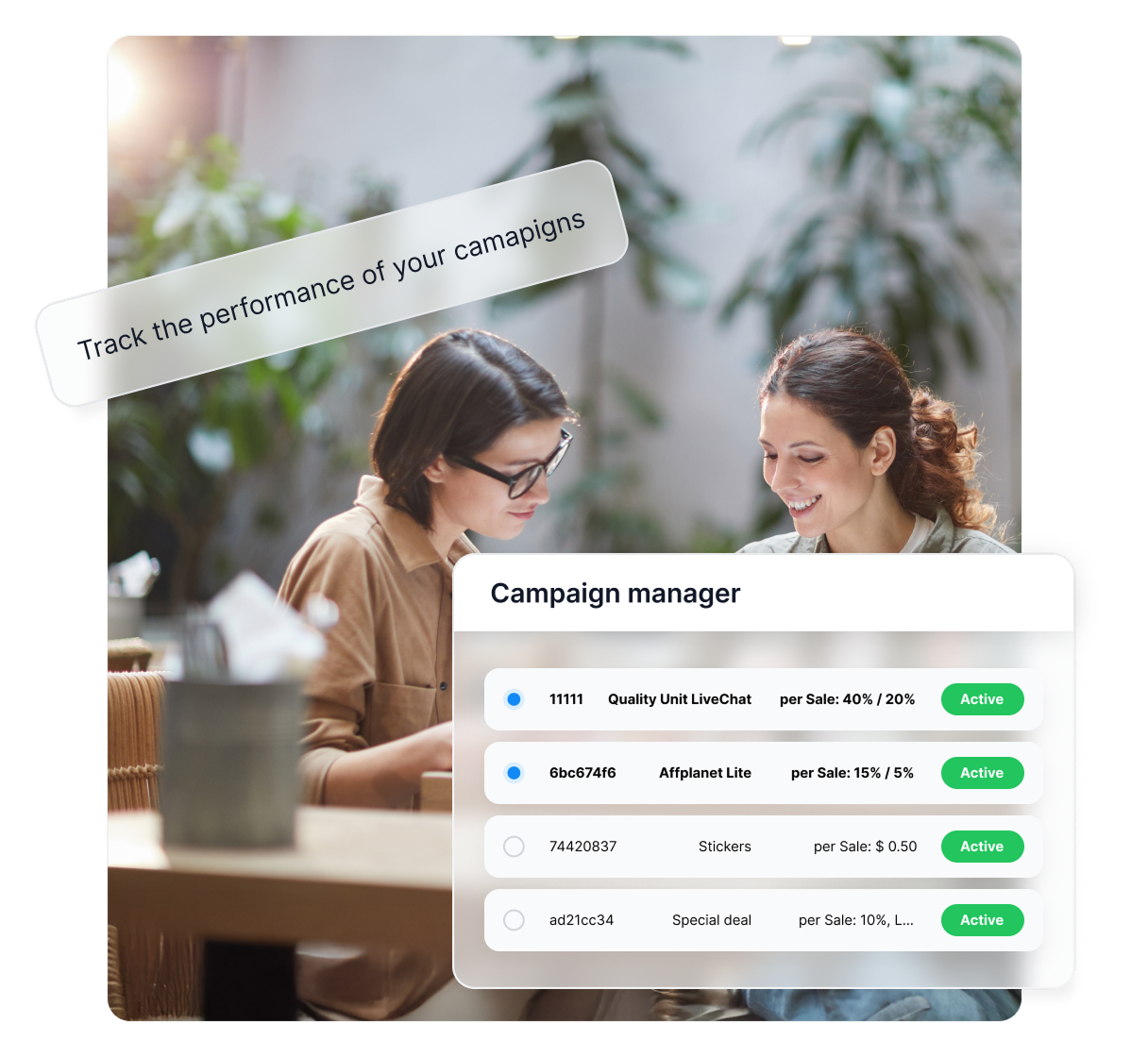 A Post Affiliate Pro kampányjelentés funkciója, amely bemutatja a partnerek és promóciós anyagok teljesítménymutatóit.