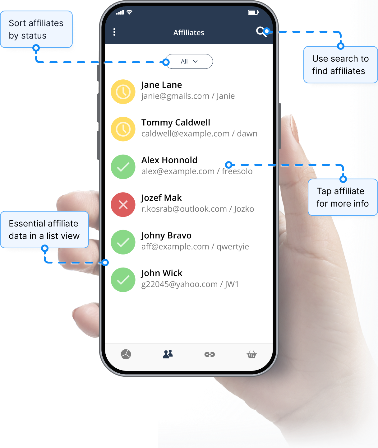 A partnerkezelés funkció áttekintése a Post Affiliate Pro mobilalkalmazásban.