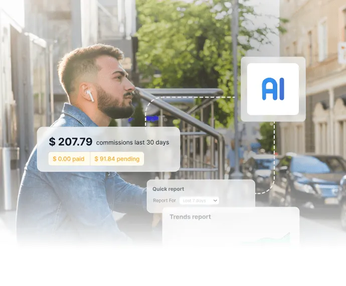 AI jutalékkövető irányítópult, amely valós idejű kifizetéseket és automatizált vitarendezést mutat